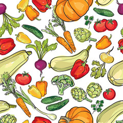 Vegetables pattern. Garden harvest seamless background. Food ingredient background. 