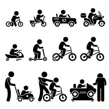 Small Children Riding Toy Vehicles and Bicycle Stick Figure Pictogram Icons
