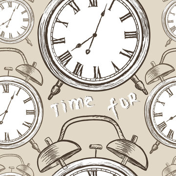 Clock seamless pattern. Time for concept. Old vintage clock and stopwatch sketch seamless background