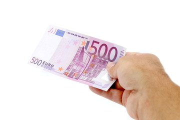 male hand holding 500 euro banknote on white background