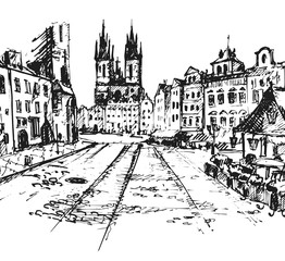 Old Prague view. Czech Republic. Hand drawn sketch, vector illustration.