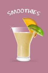 Glass of kiwi and orange smoothie with chalk inscription