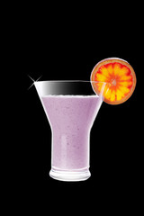 Close up bloody orange smoothie with slice on a glass