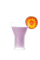 Close up bloody orange smoothie with slice on a glass