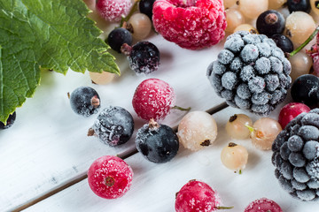 frozen berries: black currant, red currant, blackberry, blueberry, white currant. top view, macro.