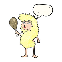 speech bubble textured cartoon cavewoman with meat