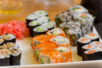 Sushi set with seafood, Japanese kitchen