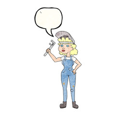 speech bubble textured cartoon capable woman with wrench