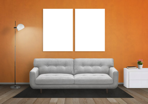 Isolated wall art canvas on orange wall. Living room interior with sofa, lamp, cabinet.