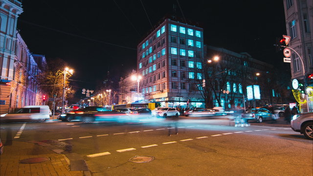 Time Lapse At Night City  Сrosswalk People Walk on the Street. Traffic