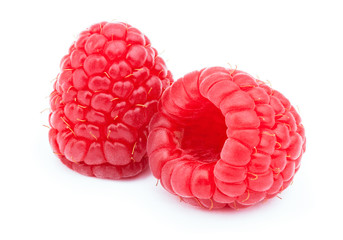 Two ripe raspberries isolated on white background with clipping path