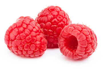 Three ripe raspberries isolated on white background with clipping path