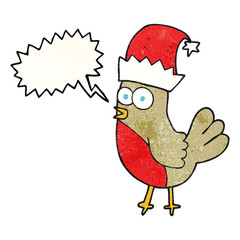 speech bubble textured cartoon robin in christmas hat