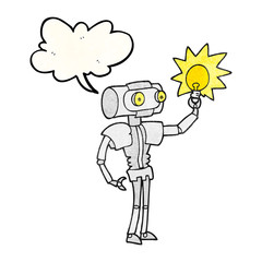 speech bubble textured cartoon robot with light bulb