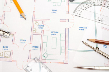 modern architectural plan, pencil and ruler, compass