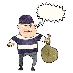 speech bubble textured cartoon burglar with loot bag