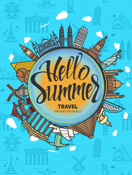 Icons sights of the world around  the globe. Seamless background with a pattern tourist attractions icons. Topic Travel,Tourism landmarks over the world. Sign Hello Summer