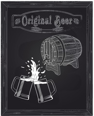 wooden barrel and two mugs of beer with foam and spray