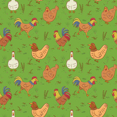 Roosters and hens seamless pattern