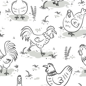 Roosters and hens seamless pattern