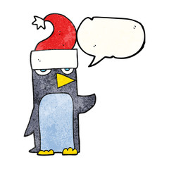 speech bubble textured cartoon penguin in christmas hat