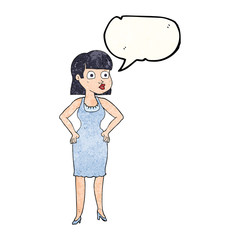 speech bubble textured cartoon woman with hands on hips