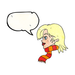 speech bubble textured cartoon woman wearing scarf