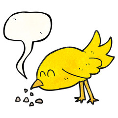 speech bubble textured cartoon bird pecking seeds