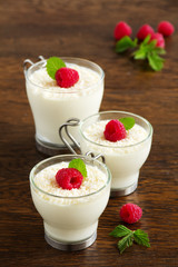Panna cotta with raspberry and coconut.