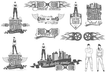 A set of logos for store. Two wheeled self-balancing mini electr