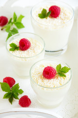 Panna cotta with raspberry and coconut.
