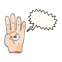 speech bubble textured cartoon spooky hand with eyeball