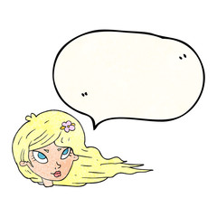 speech bubble textured cartoon woman with blowing hair