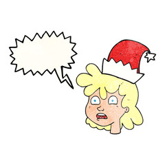 speech bubble textured cartoon woman wearing christmas hat