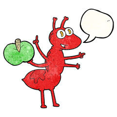 speech bubble textured cartoon ant with apple