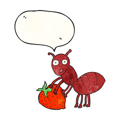 speech bubble textured cartoon ant with berry
