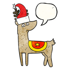 speech bubble textured cartoon reindeer wearing christmas hat