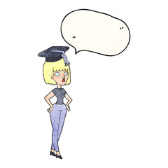 speech bubble textured cartoon woman with graduation cap