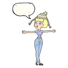 speech bubble textured cartoon woman wearing hat