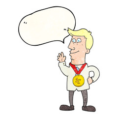 speech bubble textured cartoon waving man with award