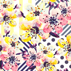 Sakura flowers on the geometric pattern background. Watercolor seamless pattern with spring flowers. Cherry blossom.