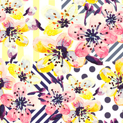 Fototapeta premium Sakura flowers on the geometric pattern background. Watercolor seamless pattern with spring flowers. Cherry blossom.