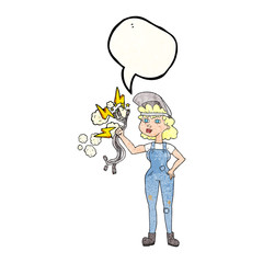 speech bubble textured cartoon electrician woman