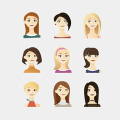  Cute vector illustrations set of beautiful young girls with different hairstyle, make up and dresses.