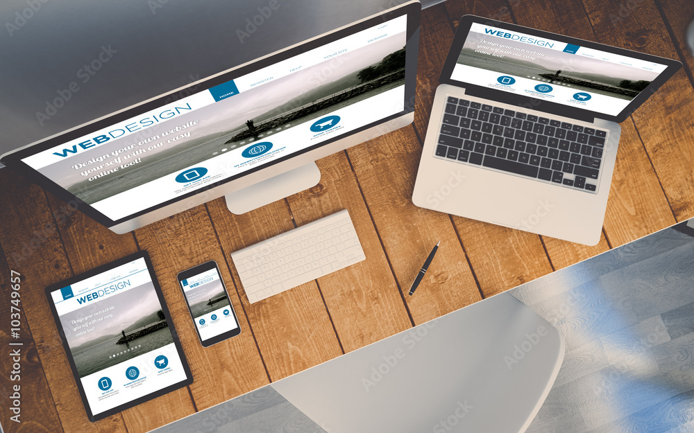 Poster top view workplace with devices showing responsive order online