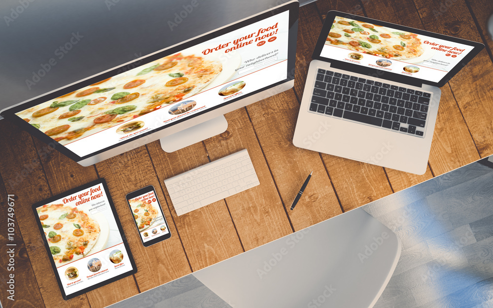 Poster top view workplace with devices showing responsive order online