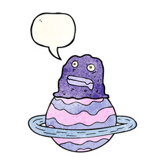 speech bubble textured cartoon alien on planet