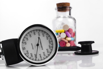 Pills in Jar and Stethoscope