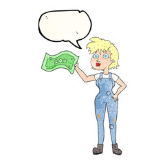 speech bubble textured cartoon confident farmer woman with money