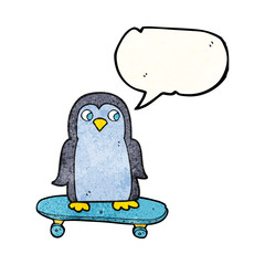 speech bubble textured cartoon penguin riding skateboard